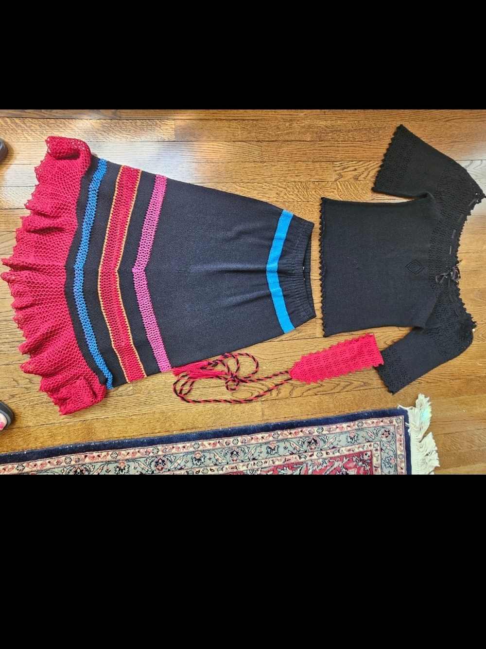 Vintage 80's Giorgio Sant Angelo boho Black Knit Skirt, Top, Belt